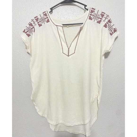 Madewell Shirt Womens Extra Small‎ Embroidered Sleeve Spilt Neck Curved Hem Boho - Picture 1 of 8
